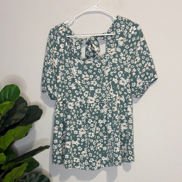 Kori Tops - Kori Floral Teal babydoll Blouse with bow Large